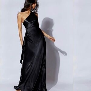 NEW Meshki Black Satin One-Shoulder Gown